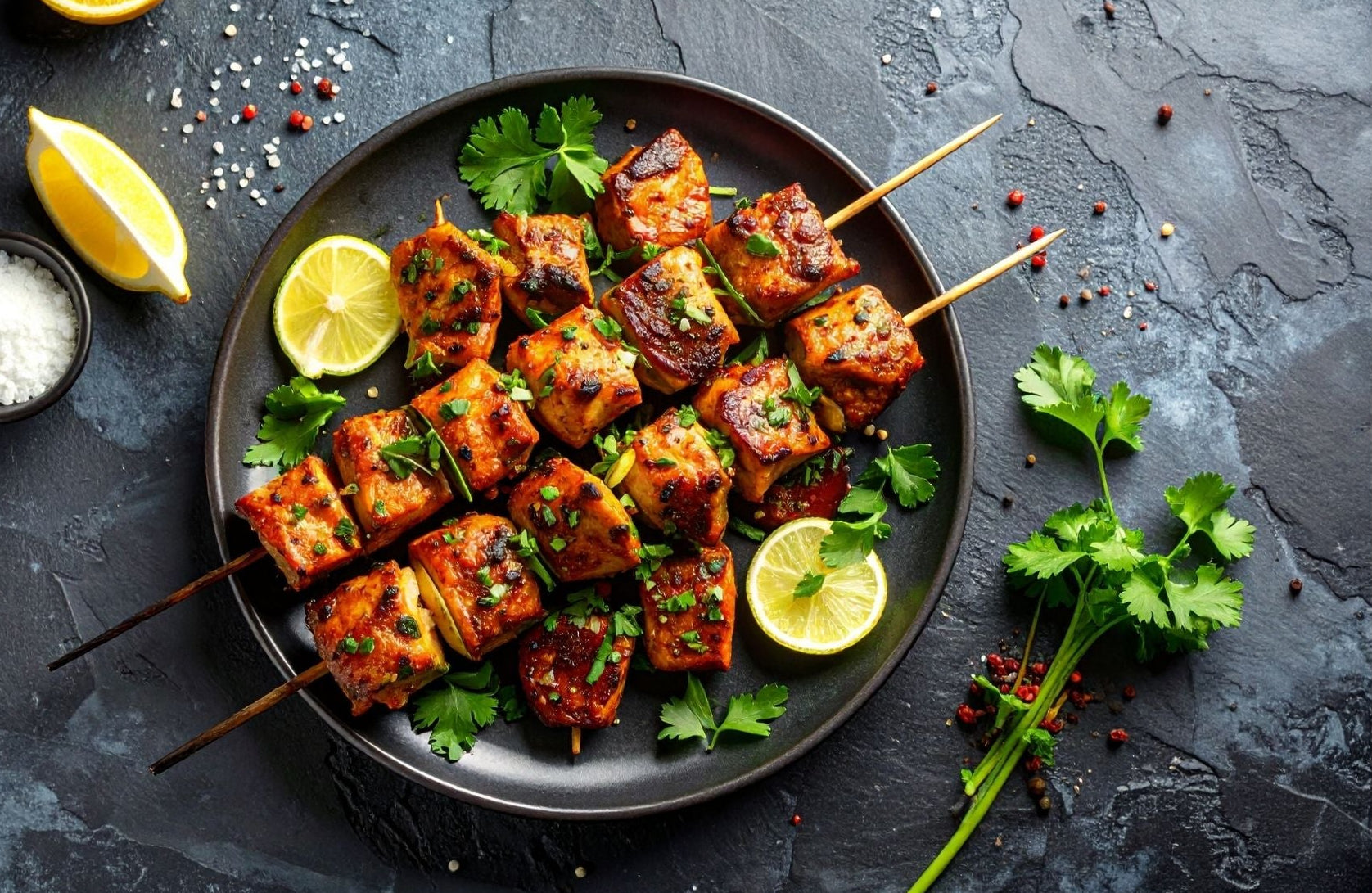 Tandoori tofu cubes skewered on a dark gray plate with lemon slices and cilantro. Slate background.